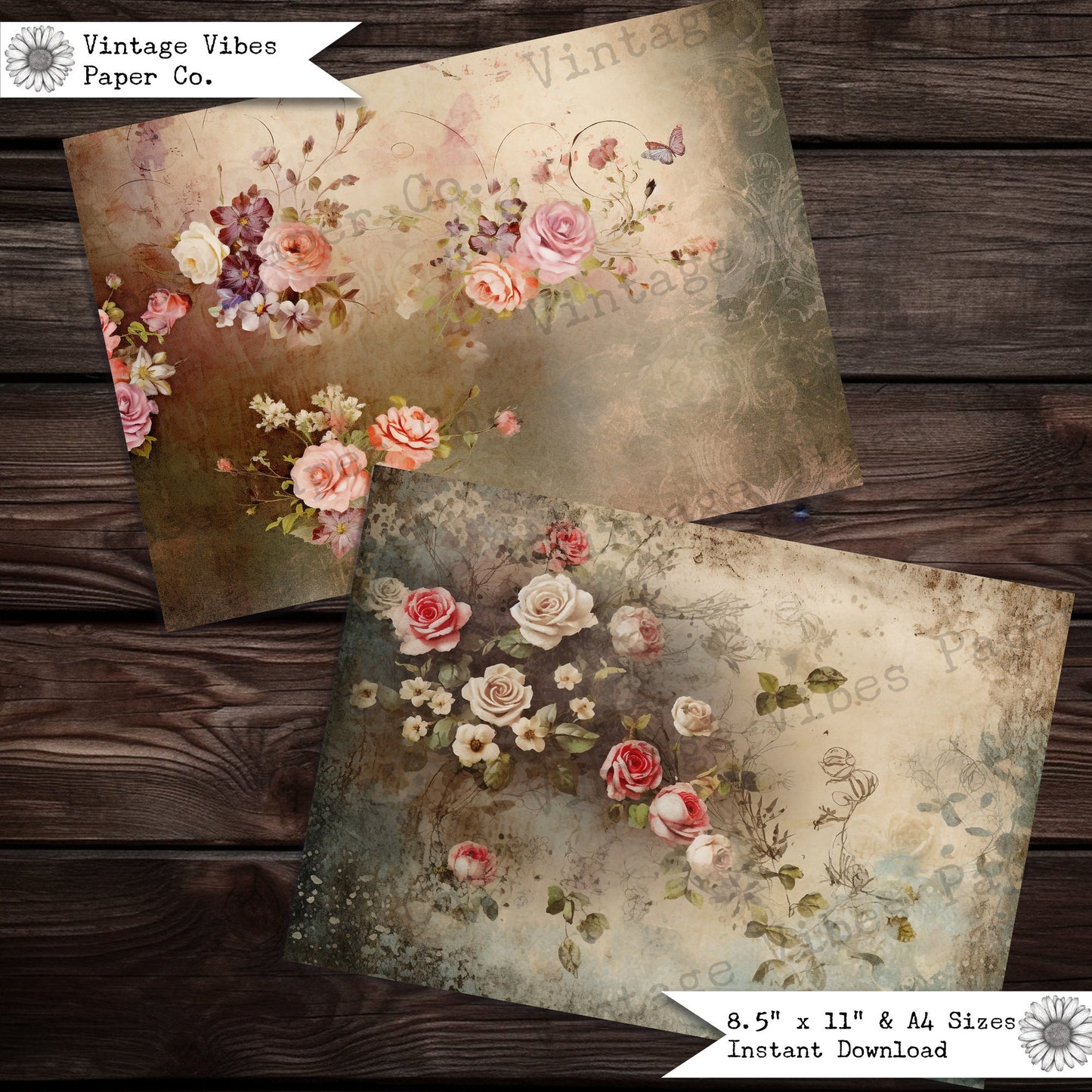 Grunge Vintage floral junk journal papers, digital printable scrapbook papers, neutral tones junk journalling paper kit 1, scrapbooking