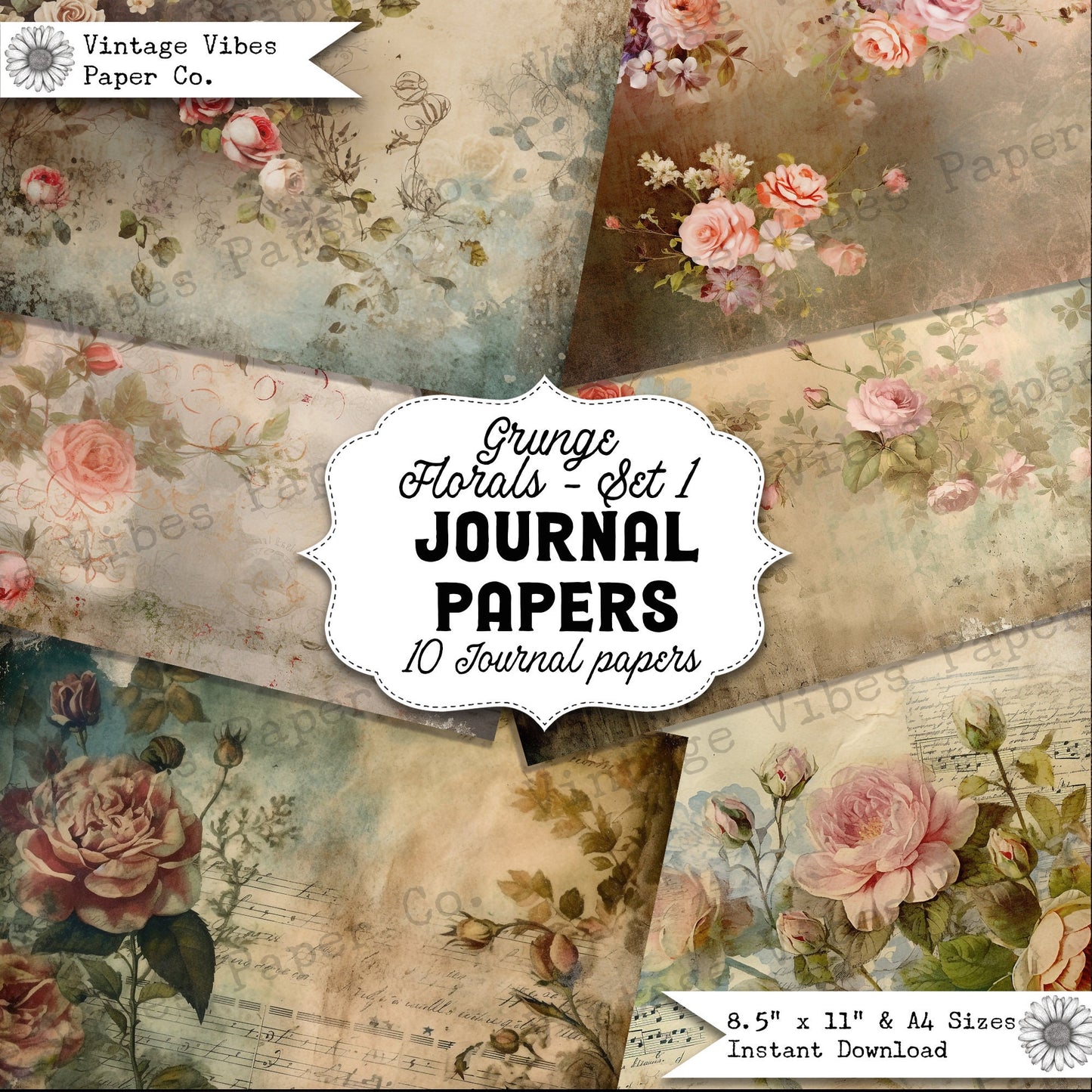 Grunge Vintage floral junk journal papers, digital printable scrapbook papers, neutral tones junk journalling paper kit 1, scrapbooking