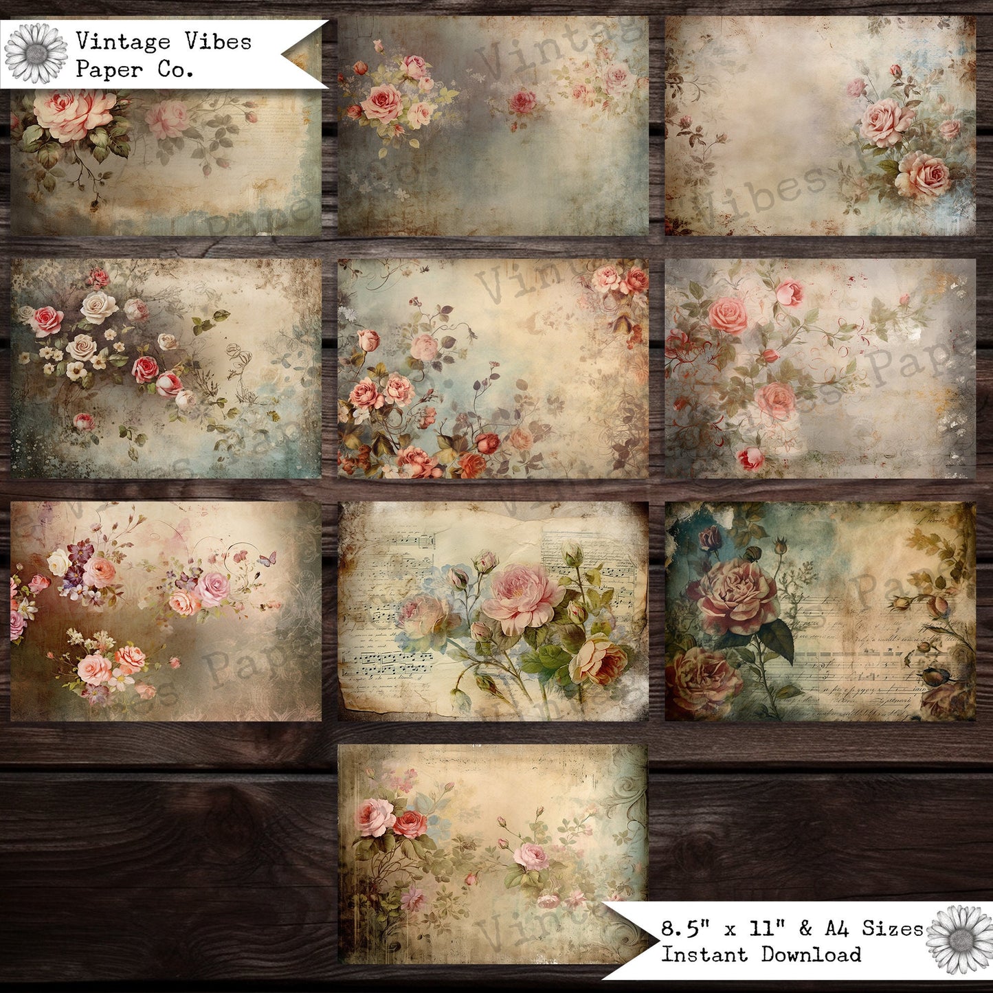 Grunge Vintage floral junk journal papers, digital printable scrapbook papers, neutral tones junk journalling paper kit 1, scrapbooking