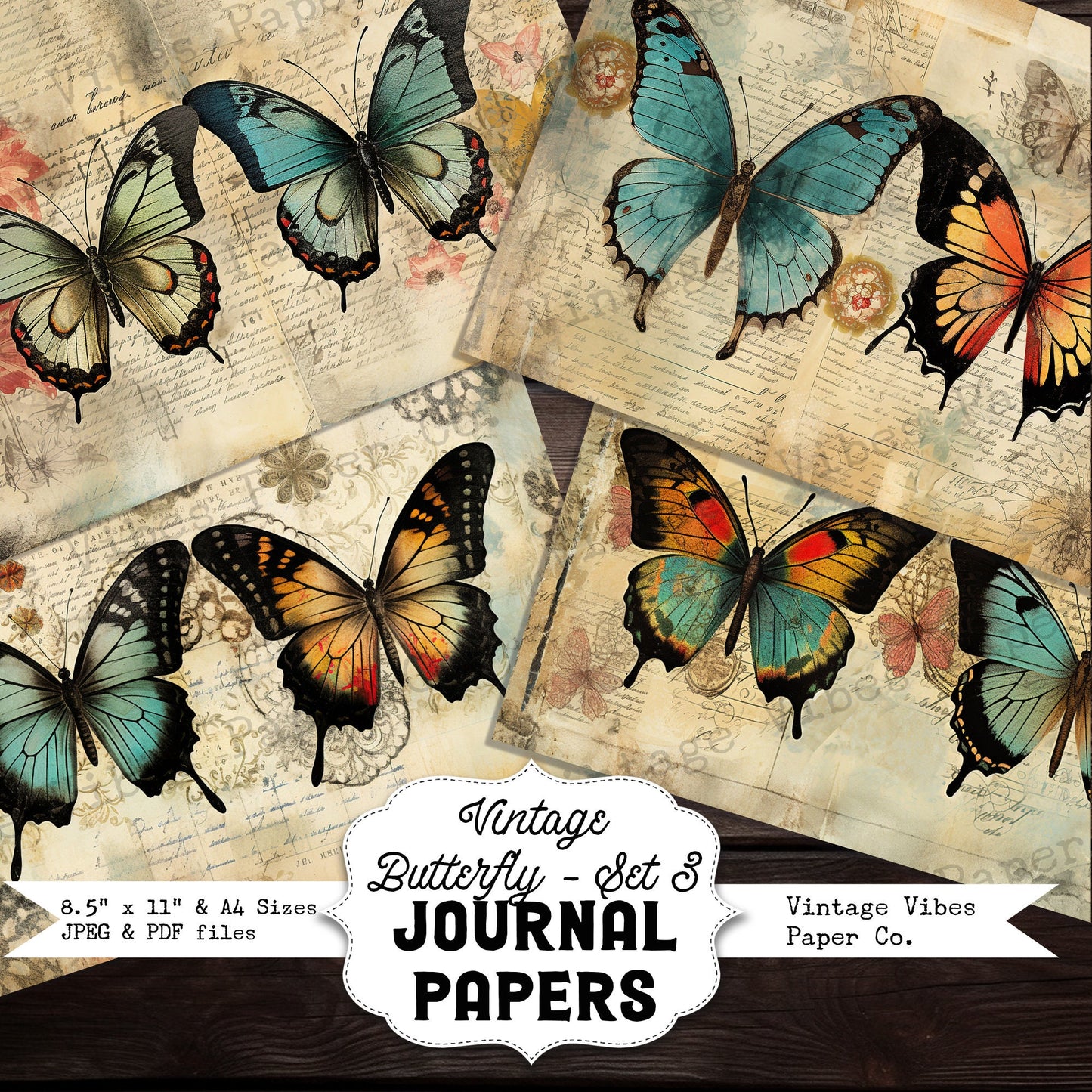 Junk journal mixed media vintage junk journal papers, digital printable butterfly paper pack junk journal kit, colourful insect papers set 3