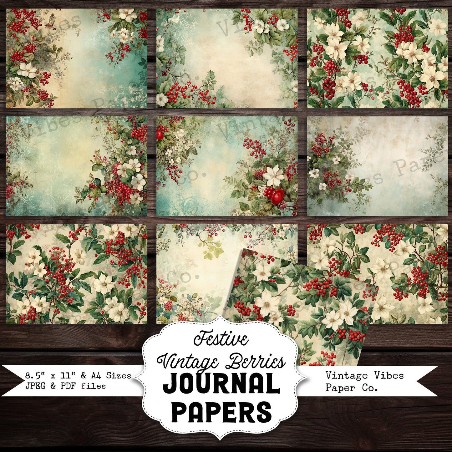 Christmas Junk journal papers Festive vintage berries, winter junk journal paper kit digital printable Christmas papers, red & green pages