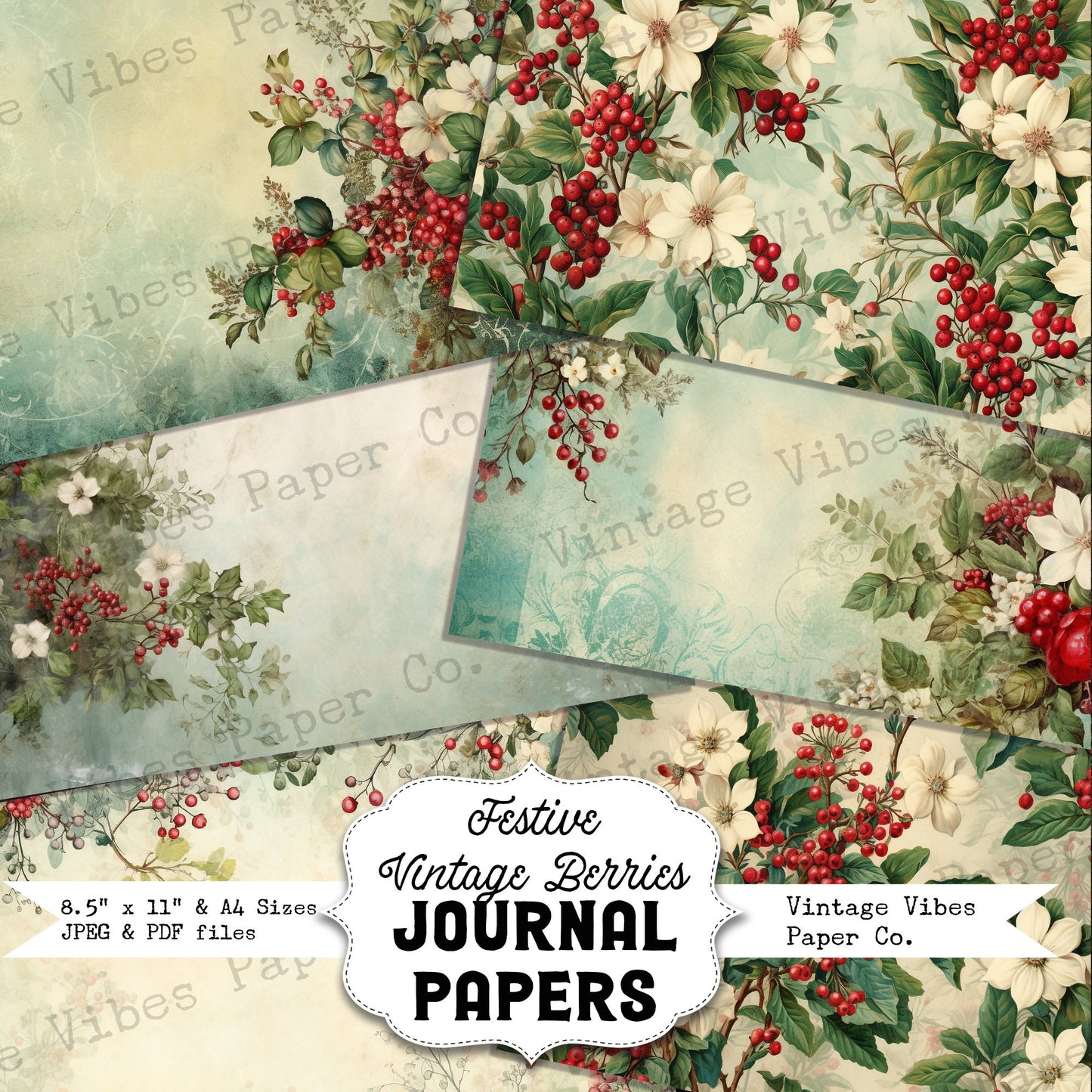 Christmas Junk journal papers Festive vintage berries, winter junk journal paper kit digital printable Christmas papers, red & green pages