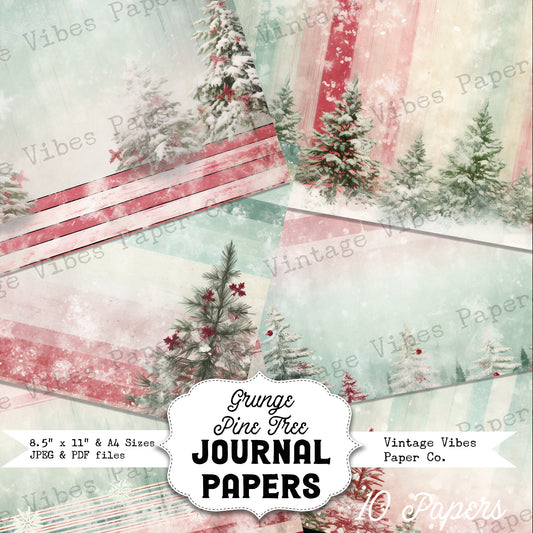 Christmas Junk journal papers Festive grunge pine trees, winter junk journal paper kit digital printable Christmas papers, red & green pages