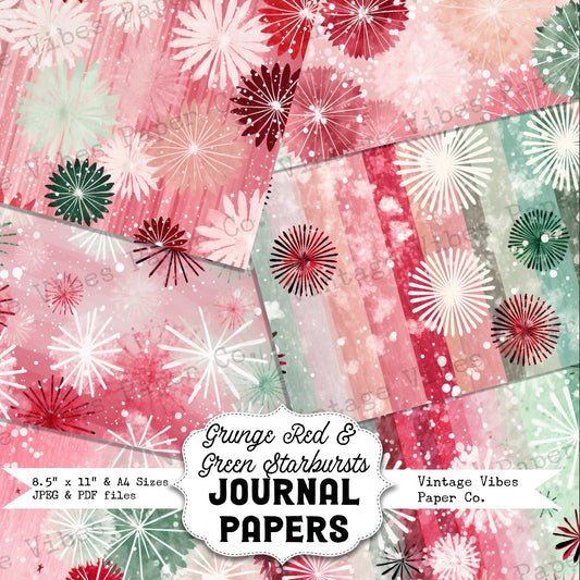 Christmas Junk journal papers grunge red & green starburst, winter junk journal paper kit digital printable Christmas grungy papers