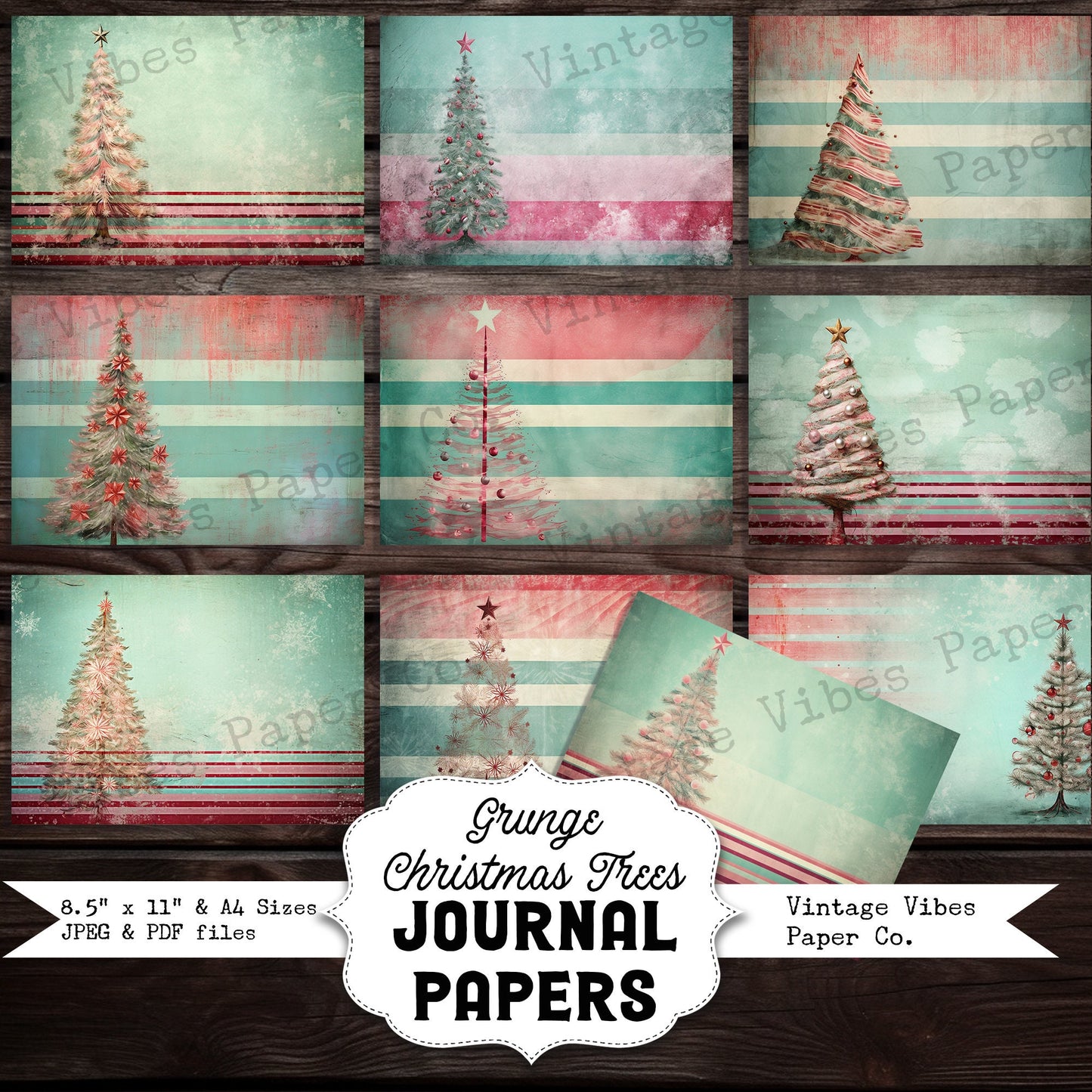 Christmas Junk journal papers grunge Christmas trees, winter junk journal paper kit digital printable Christmas pattern grungy papers