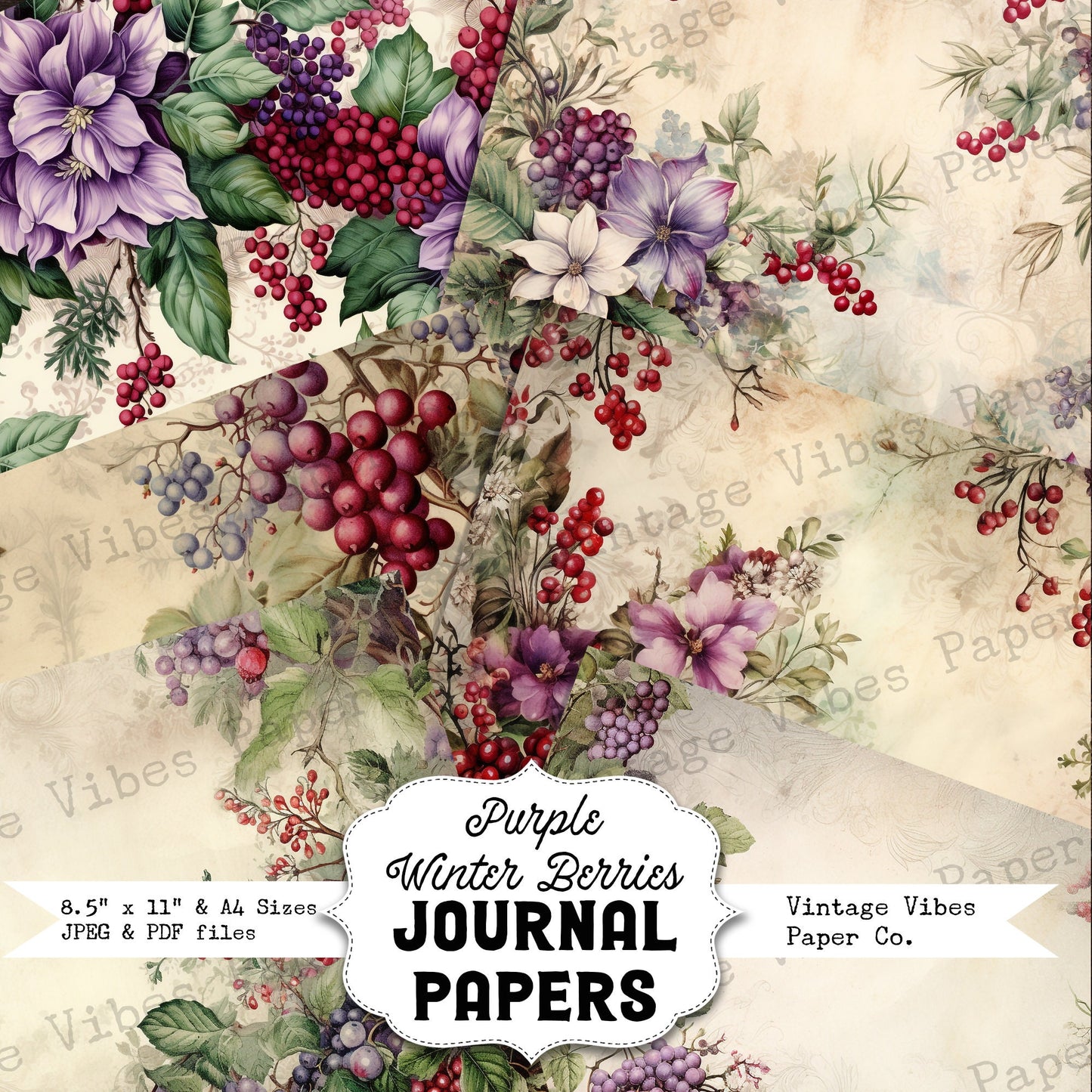 Christmas Junk journal Purple winter berries, winter junk journal paper kit digital printable Christmas vintage floral papers