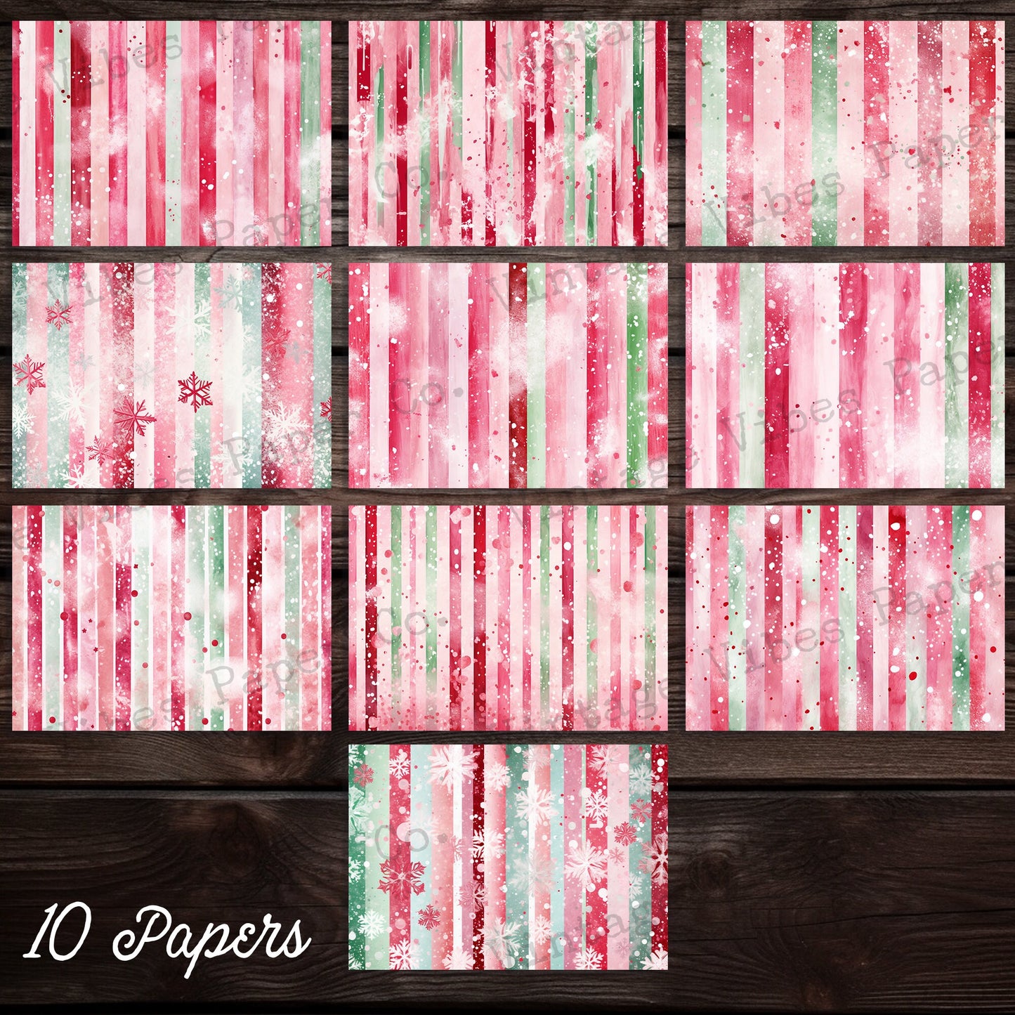 Pink & green Grunge Candy Stripe Christmas junk journal papers, digital Festive background papers for Junk journaling and scrapbooking