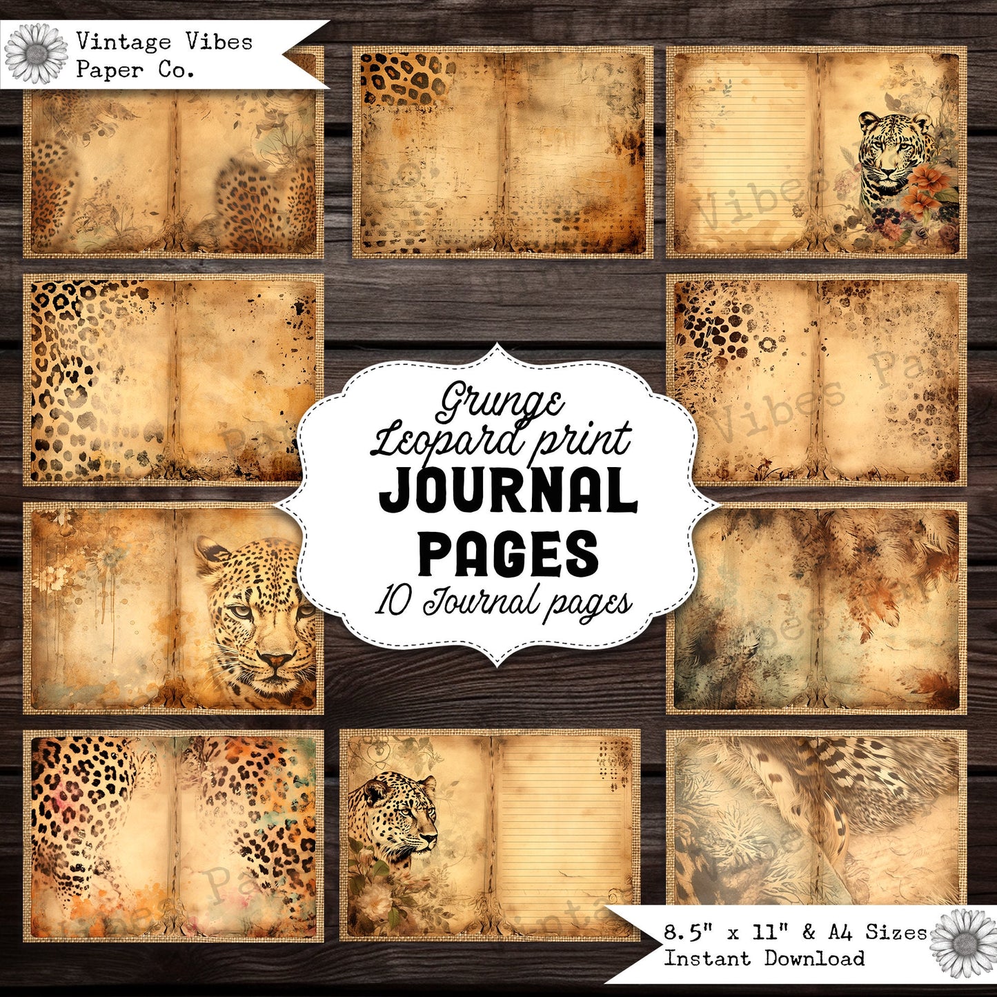 Junk Journal papers grunge leopard print neutral journal, animal safari junk journal pages, instant digital junk journal kit, 10 pages