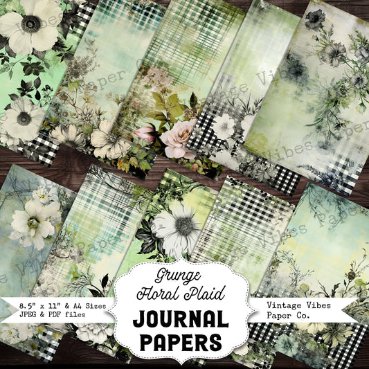 Vintage Floral junk journal paper kit, Grunge green plaid papers for Junk journals, scrapbooking and card making, festive junk journal pages