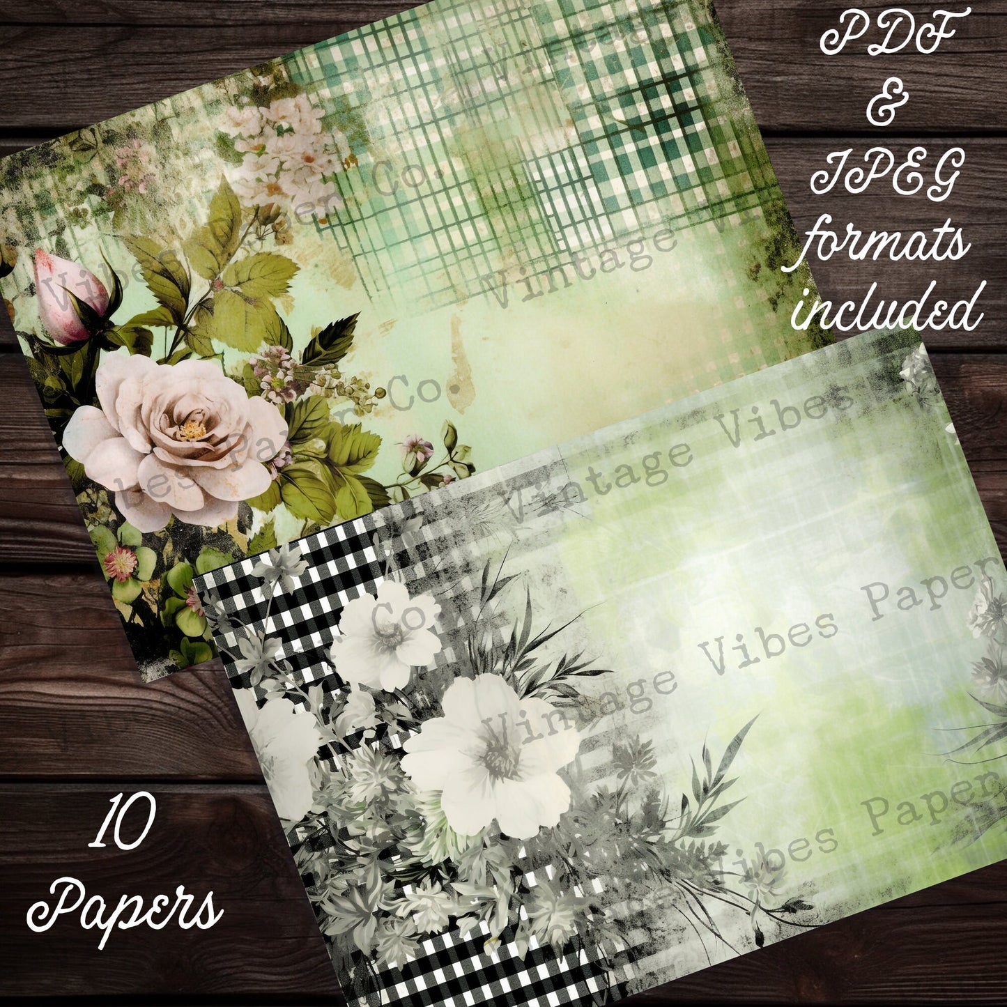 Vintage Floral junk journal paper kit, Grunge green plaid papers for Junk journals, scrapbooking and card making, festive junk journal pages