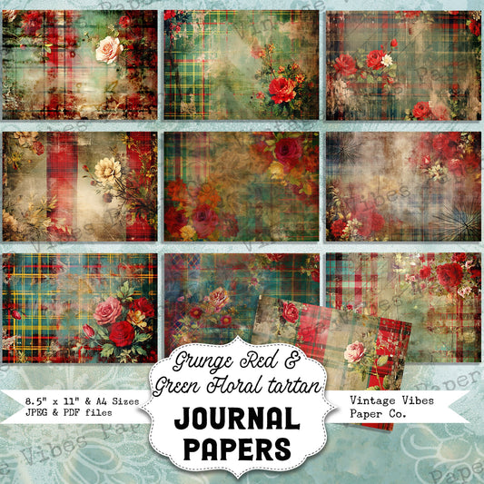 Grungy Floral junk journal papers, Grunge red & green tartan floral grunge papers for Junk journals, scrapbooking and card making