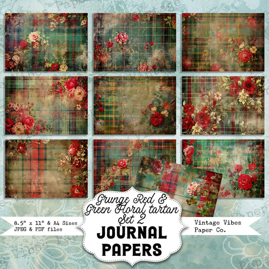 Grungy Floral plaid junk journal papers, Grunge red & green tartan floral grunge papers for Junk journals, scrapbooking and card making set2