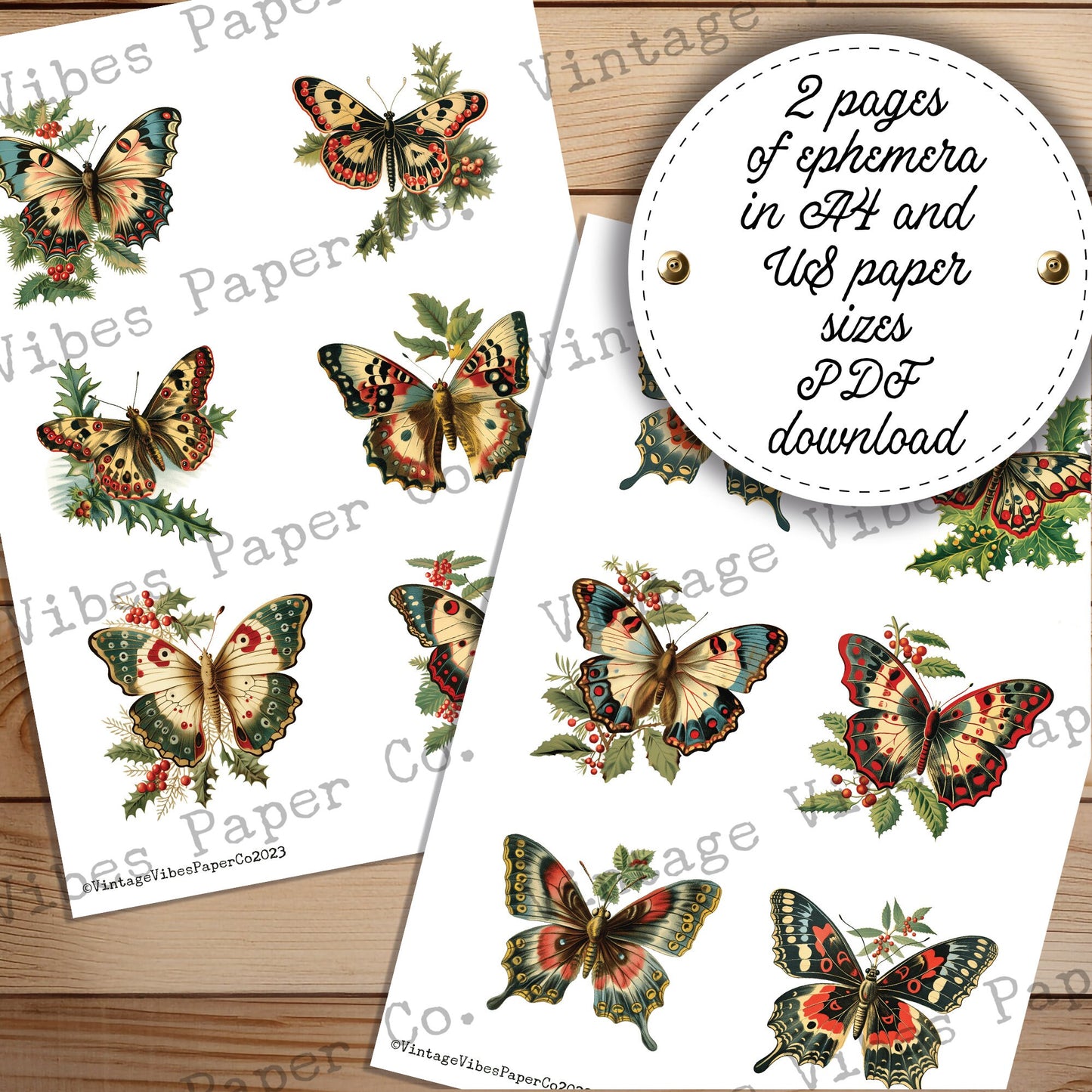 Junk Journal fussy cut ephemera festive butterflies, digital vintage butterfly ephemera for junk journals, digital printable embellishments