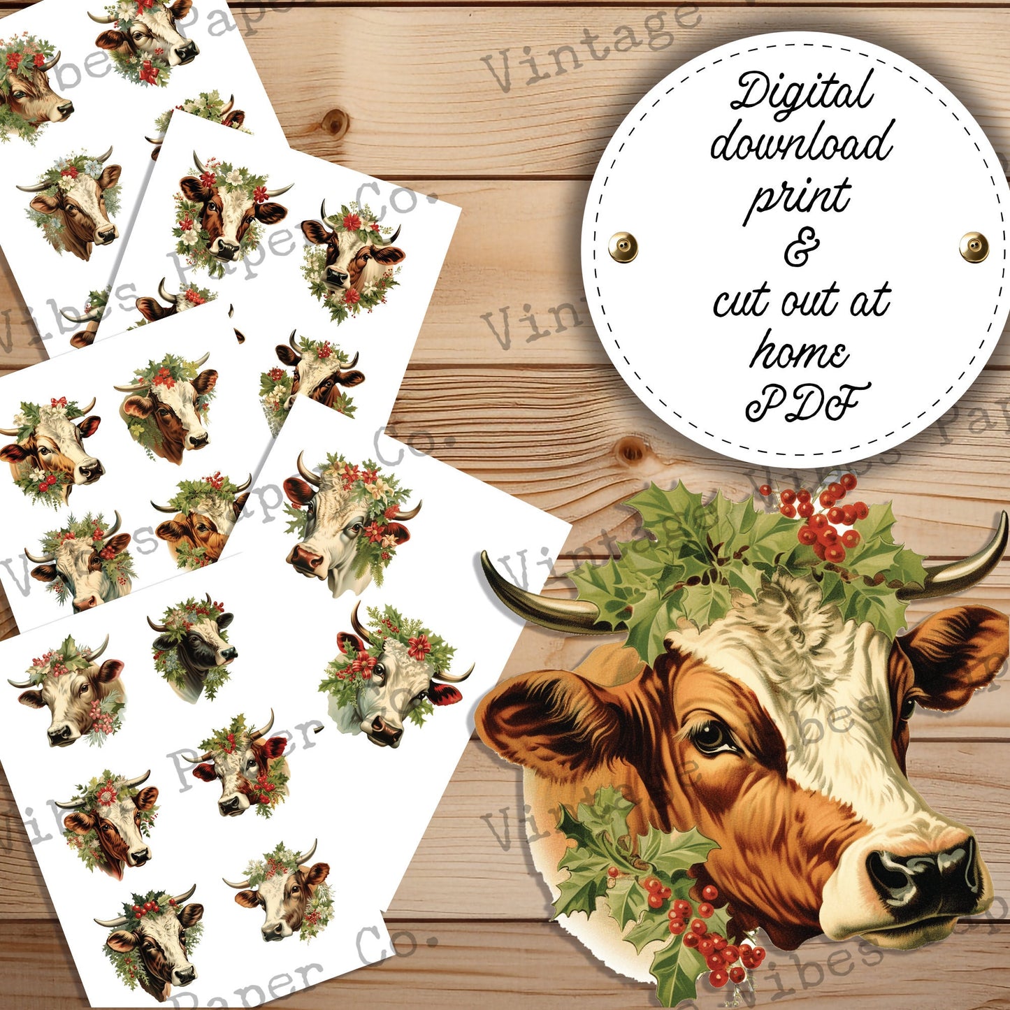 Junk Journal fussy cut ephemera festive cows, digital vintage style farm animal ephemera for junk journals, digital printable embellishments