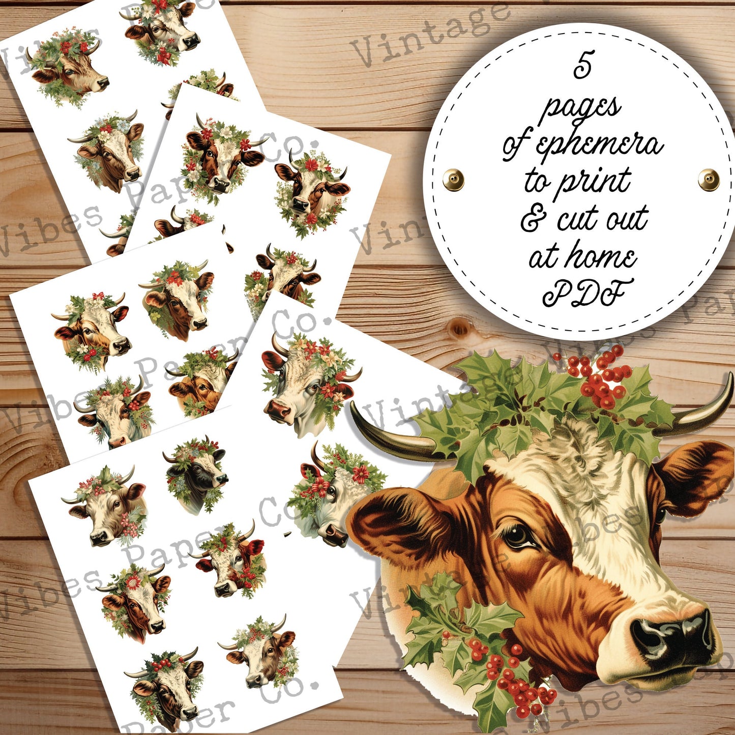 Junk Journal fussy cut ephemera festive cows, digital vintage style farm animal ephemera for junk journals, digital printable embellishments