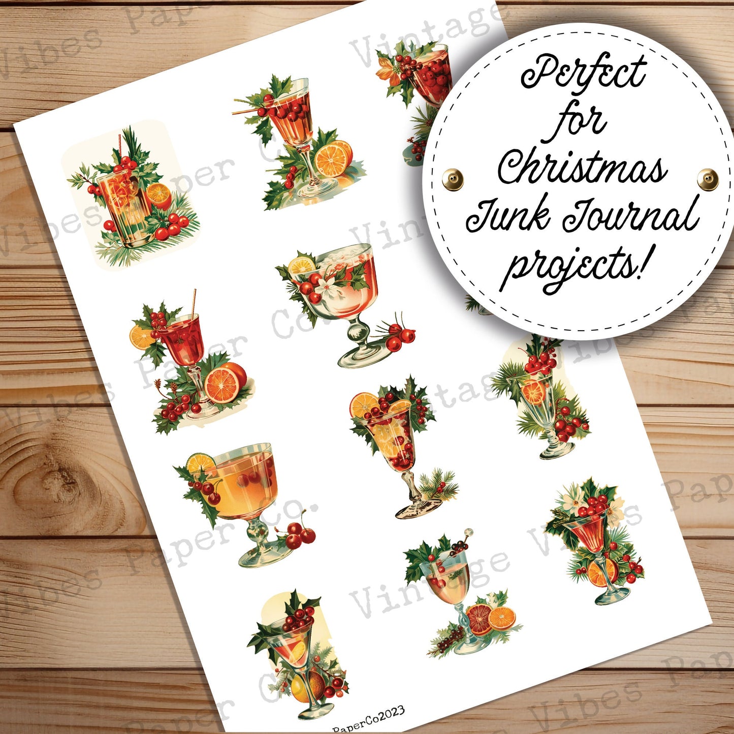 Junk Journal fussy cut ephemera festive cocktails, digital vintage style drinks ephemera for junk journals, digital printable embellishments