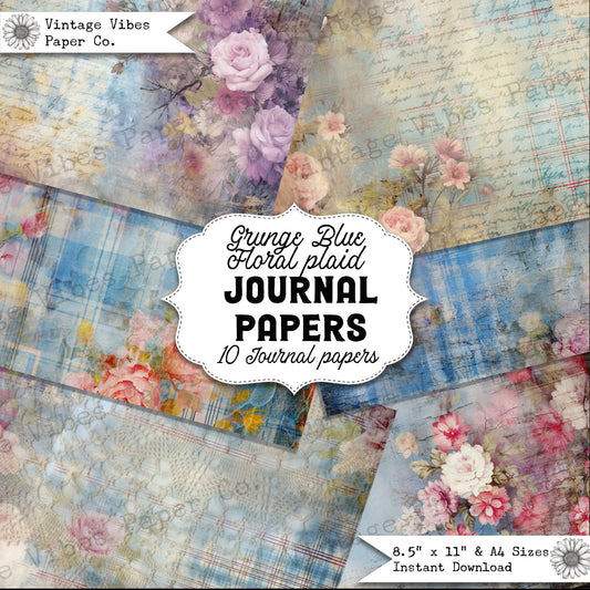 Junk journal papers Grunge blue floral tartan, rustic grungy plaid patterned textured collage pages for junk journaling, mixed media collage