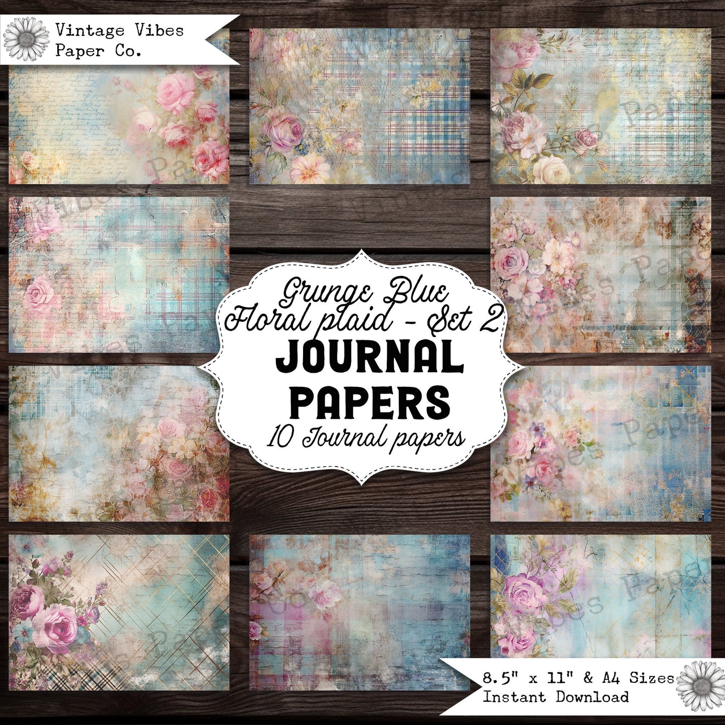 Junk journal papers Grunge floral tartan, rustic grungy plaid patterned textured collage pages for junk journaling & mixed media collage