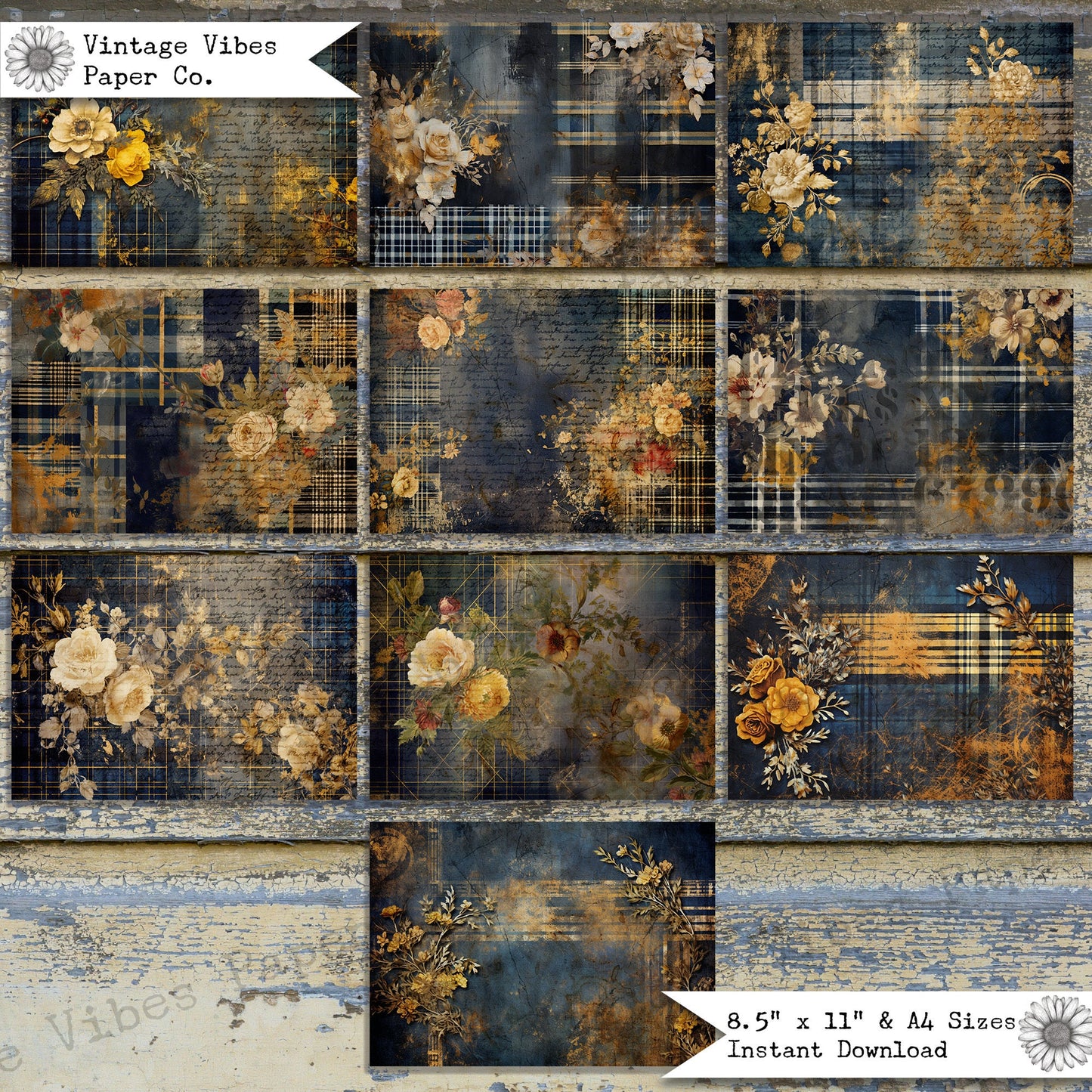 Junk journal papers Grunge floral tartan Navy & Gold, rustic grungy plaid patterned textured collage pages for junk journaling, mixed media