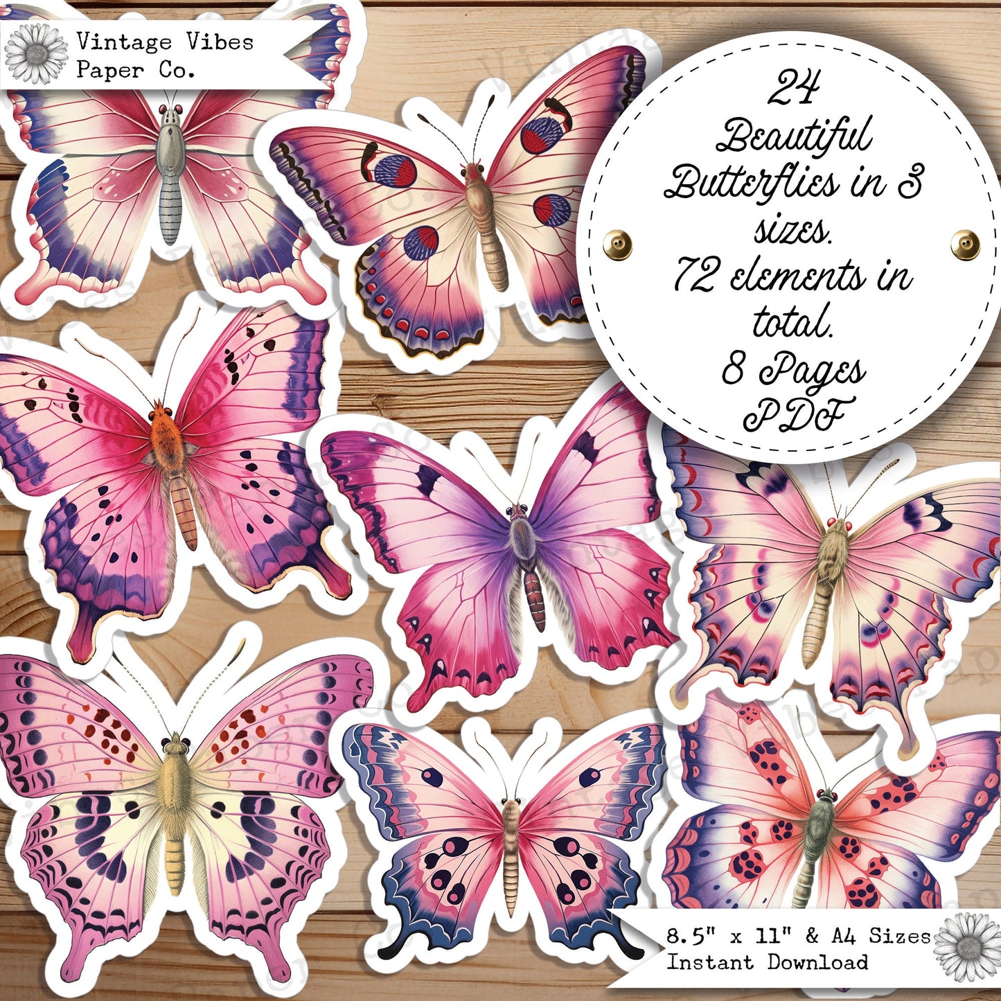 Junk Journal fussy cut ephemera pink butterflies, digital vintage butterfly ephemera for junk journals, digital printable embellishments