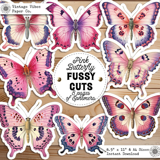 Junk Journal fussy cut ephemera pink butterflies, digital vintage butterfly ephemera for junk journals, digital printable embellishments