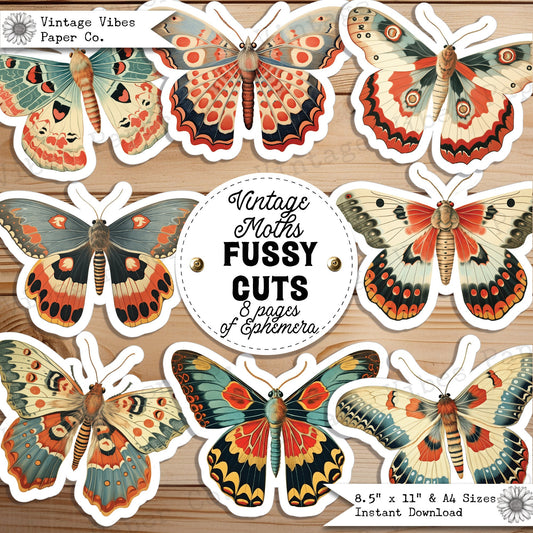 Junk Journal fussy cut ephemera Vintage Moths, digital moth insect ephemera for junk journals, digital printable pdf embellishments