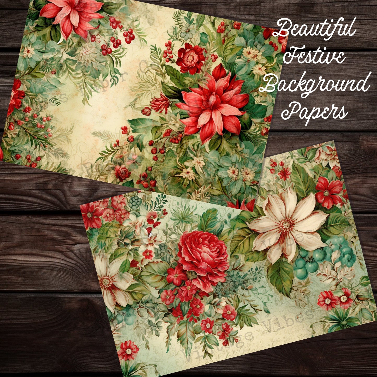 Junk journal paper Vintage Christmas florals, poinsettia and Christmas rose digital paper pack for scrapbooking and crafts, holiday papers