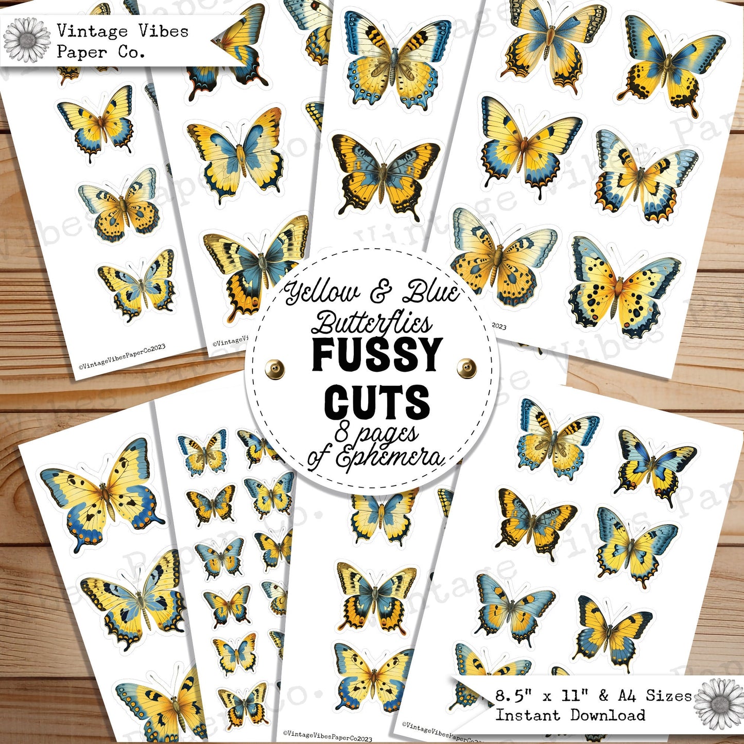 Junk Journal fussy cut ephemera yellow butterflies, digital vintage butterfly ephemera for junk journals, digital printable embellishments