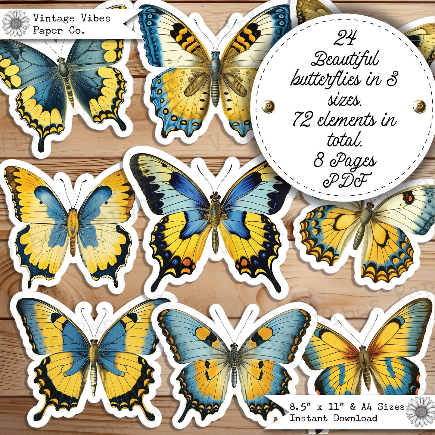 Junk Journal fussy cut ephemera yellow butterflies, digital vintage butterfly ephemera for junk journals, digital printable embellishments