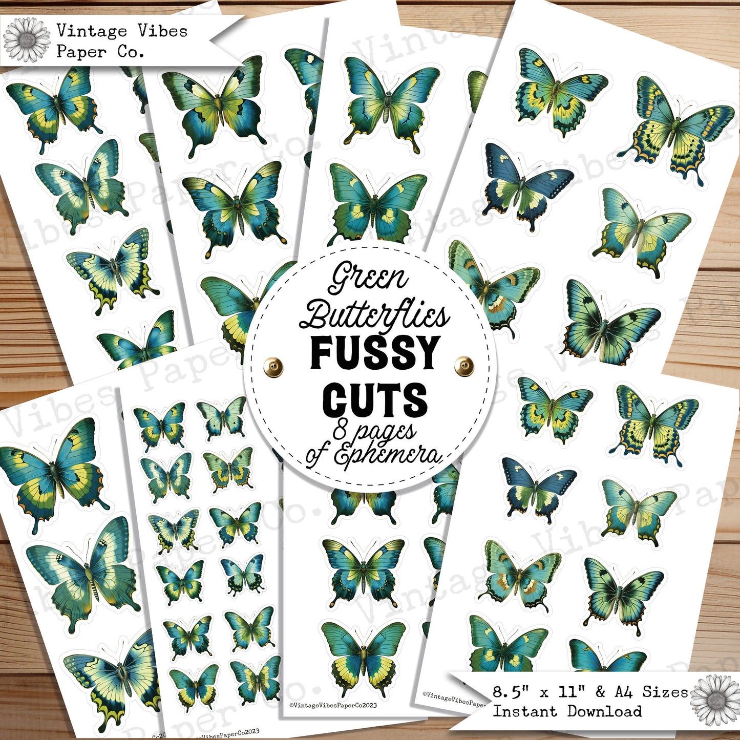 Junk Journal fussy cut ephemera Green butterflies, digital vintage butterfly ephemera for junk journals, digital printable embellishments