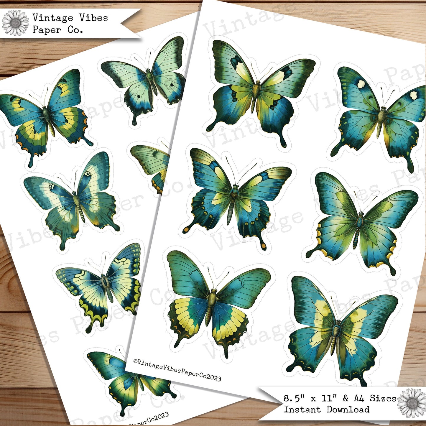 Junk Journal fussy cut ephemera Green butterflies, digital vintage butterfly ephemera for junk journals, digital printable embellishments