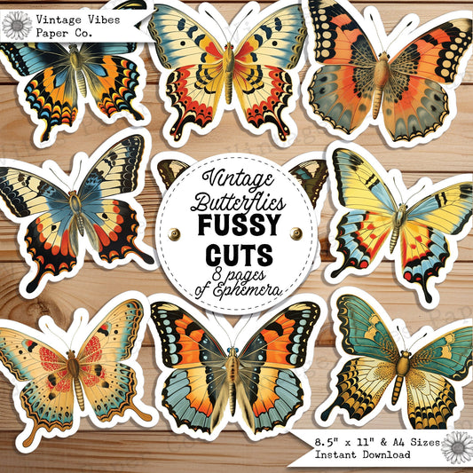 Junk Journal fussy cut ephemera Vintage butterflies, digital Retro butterfly ephemera for junk journals, digital printable embellishments