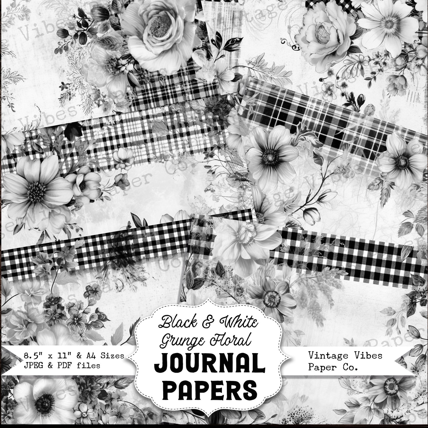 Black & White grunge floral junk journal papers, ink saver papers monochrome flower plaid papers for scrapbooking and junk journals