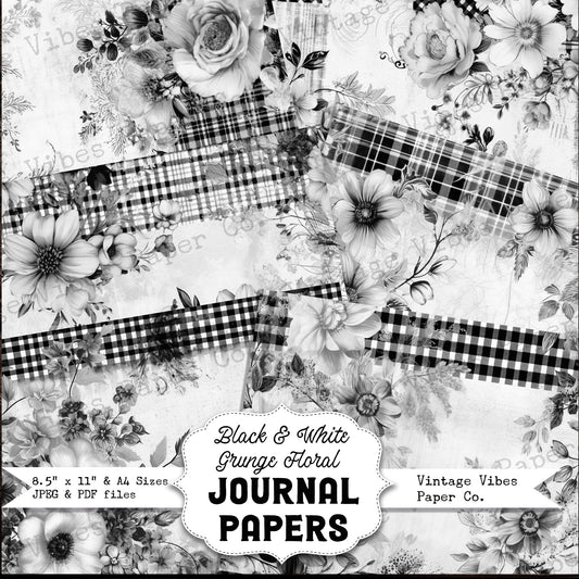 Black & White grunge floral junk journal papers, ink saver papers monochrome flower plaid papers for scrapbooking and junk journals