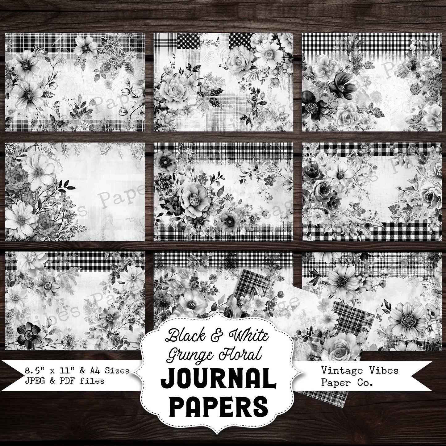 Black & White grunge floral junk journal papers, ink saver papers monochrome flower plaid papers for scrapbooking and junk journals