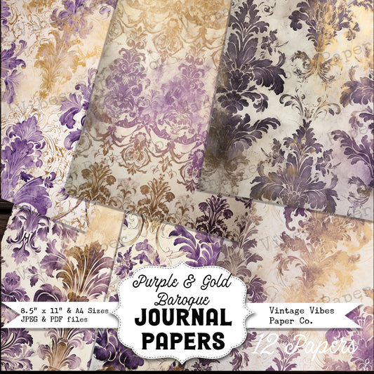 Junk journal papers Grunge Baroque purple, textured vintage junk journal papers, instant download printable digital junk journal paper kit