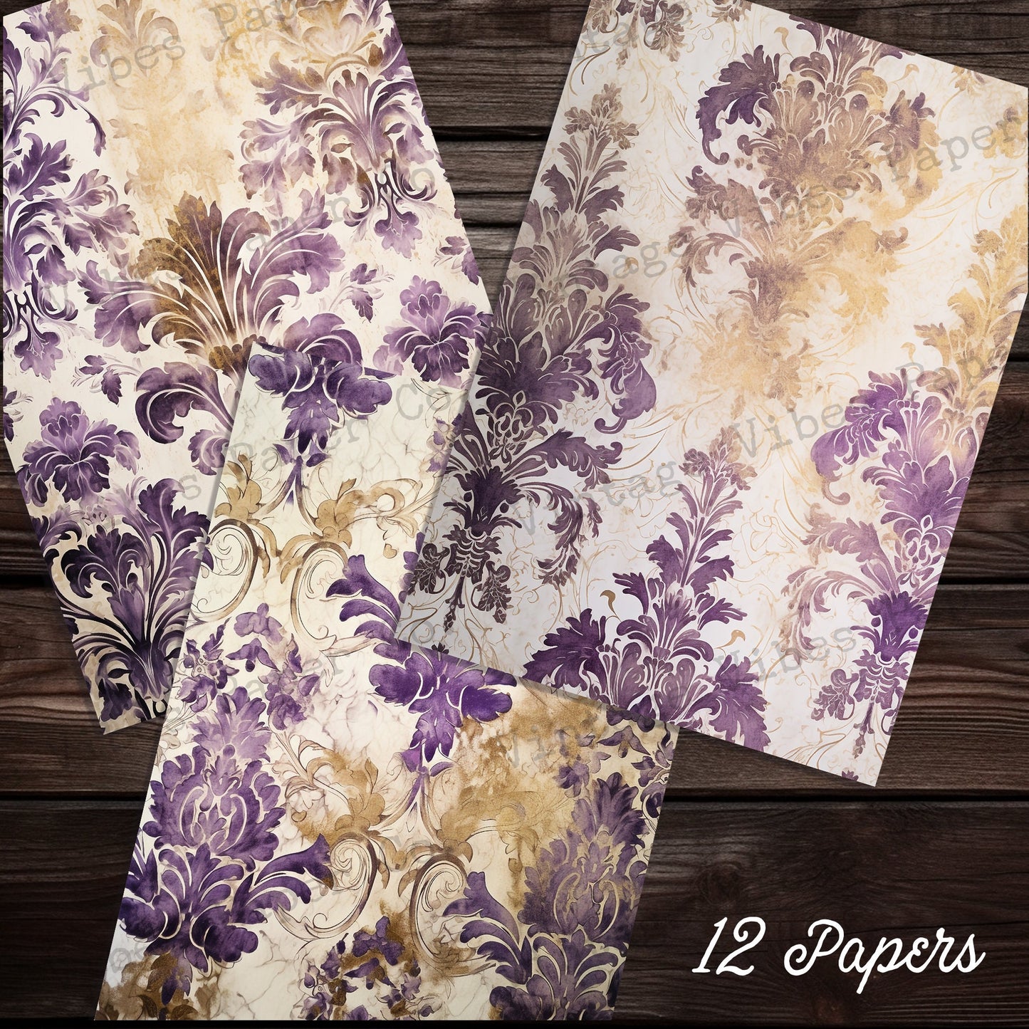 Junk journal papers Grunge Baroque purple, textured vintage junk journal papers, instant download printable digital junk journal paper kit