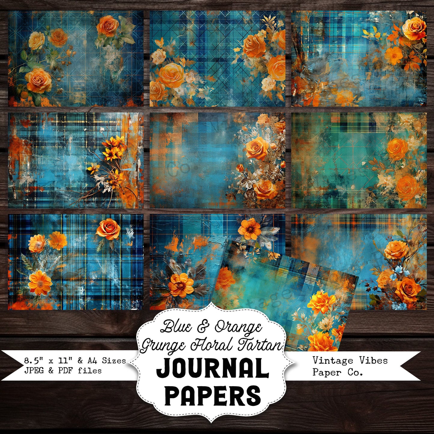 Blue & Orange grunge floral junk journal papers, grungy tartan flower plaid papers for scrapbooking and junk journals, digital papers