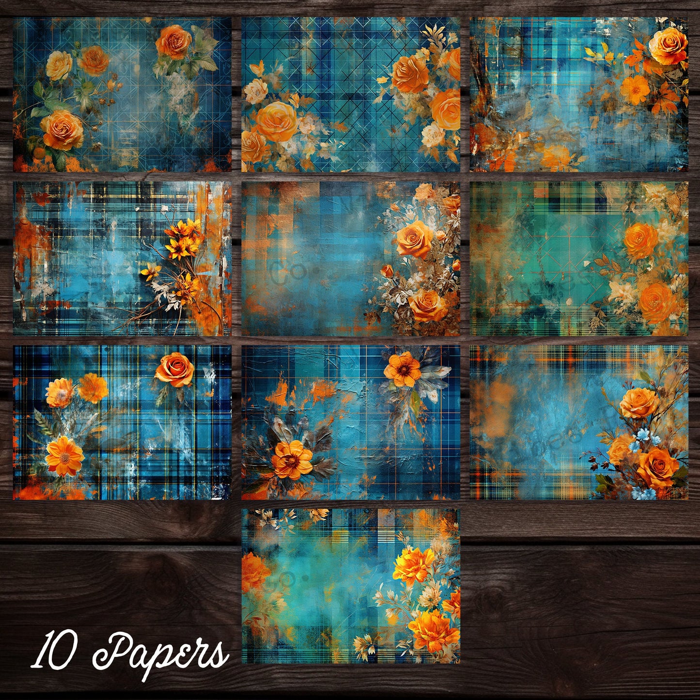 Blue & Orange grunge floral junk journal papers, grungy tartan flower plaid papers for scrapbooking and junk journals, digital papers