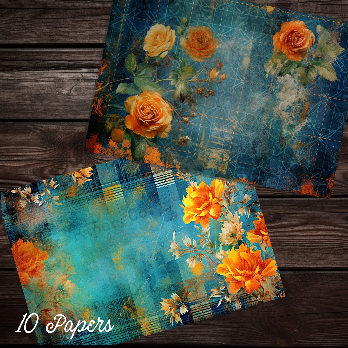 Blue & Orange grunge floral junk journal papers, grungy tartan flower plaid papers for scrapbooking and junk journals, digital papers