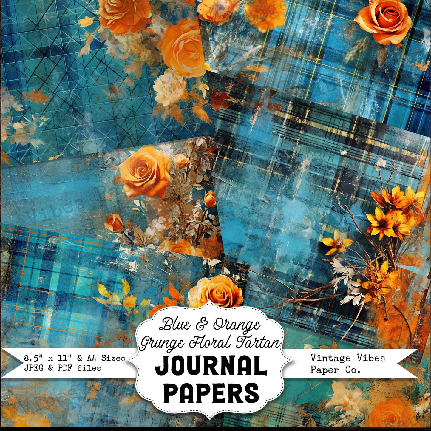 Blue & Orange grunge floral junk journal papers, grungy tartan flower plaid papers for scrapbooking and junk journals, digital papers