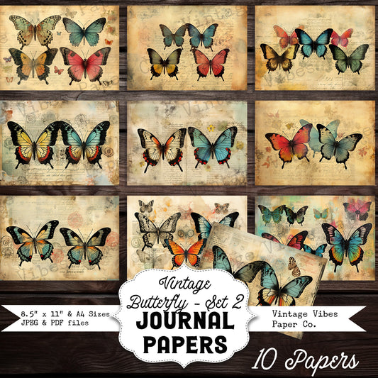 Junk journal mixed media vintage junk journal papers, digital printable butterfly paper pack junk journal kit, colourful insect papers set 2