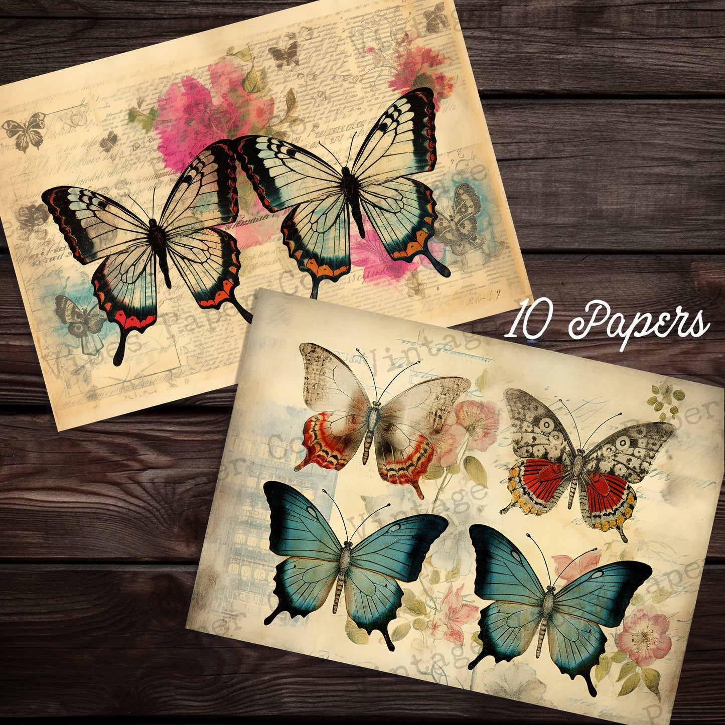 Junk journal mixed media vintage junk journal papers, digital printable butterfly paper pack junk journal kit, colourful insect papers set 3