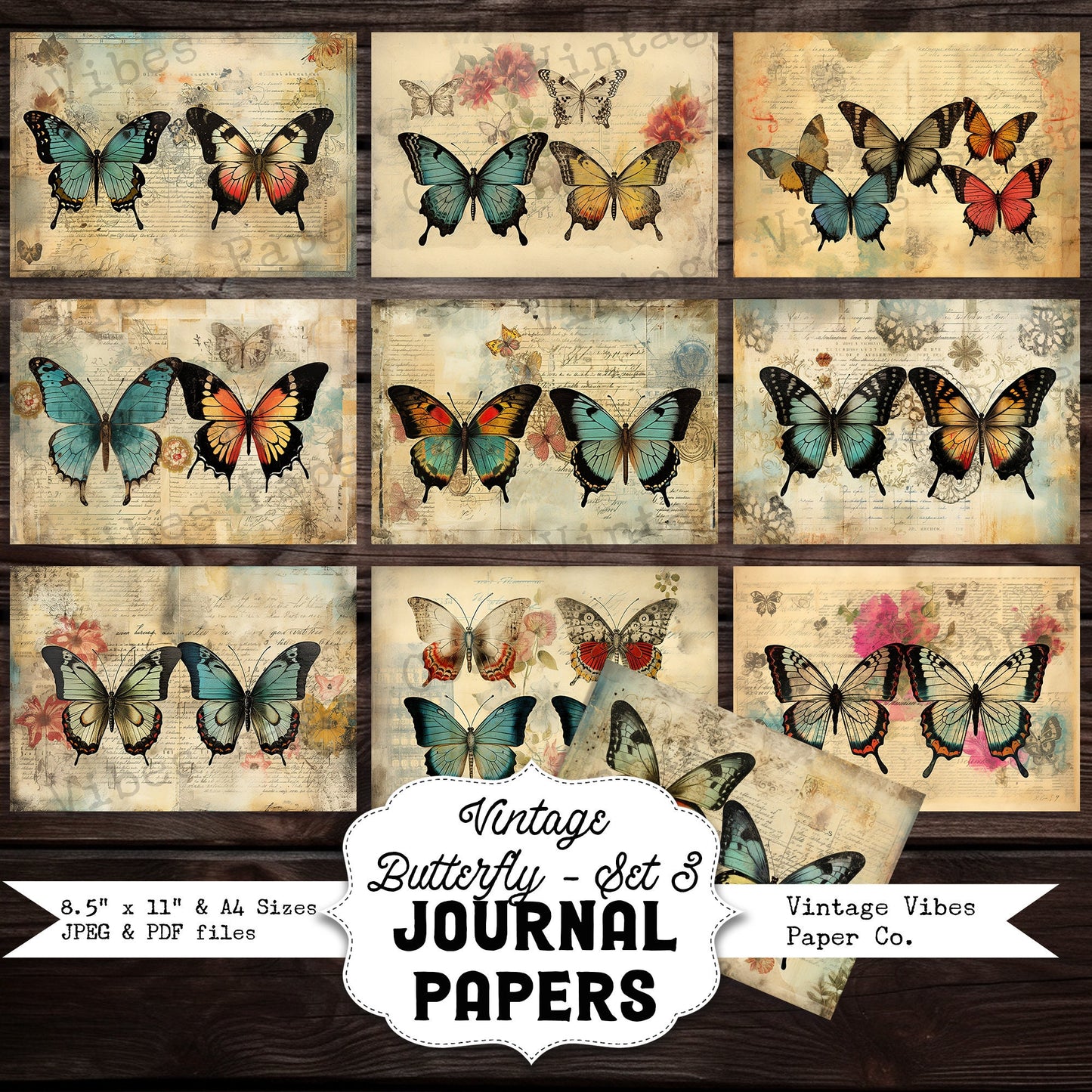 Junk journal mixed media vintage junk journal papers, digital printable butterfly paper pack junk journal kit, colourful insect papers set 3