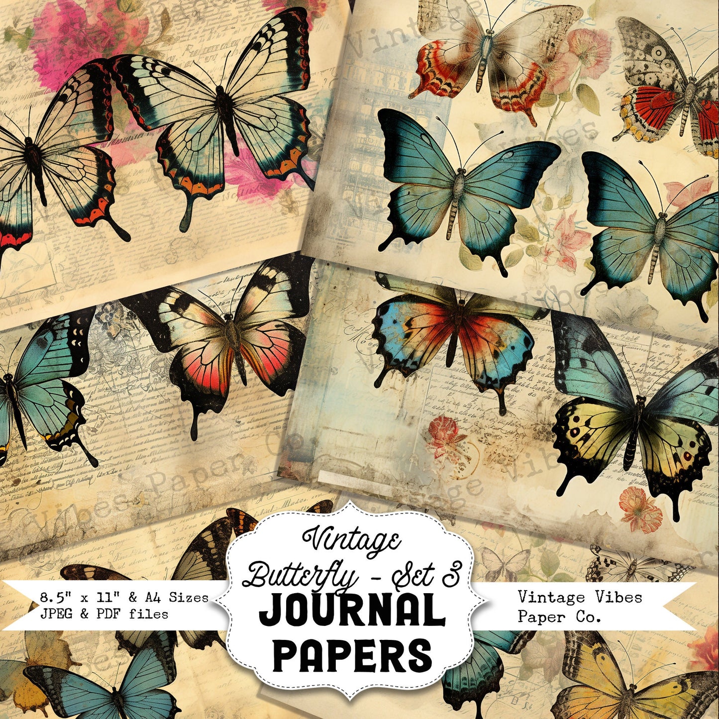 Junk journal mixed media vintage junk journal papers, digital printable butterfly paper pack junk journal kit, colourful insect papers set 3