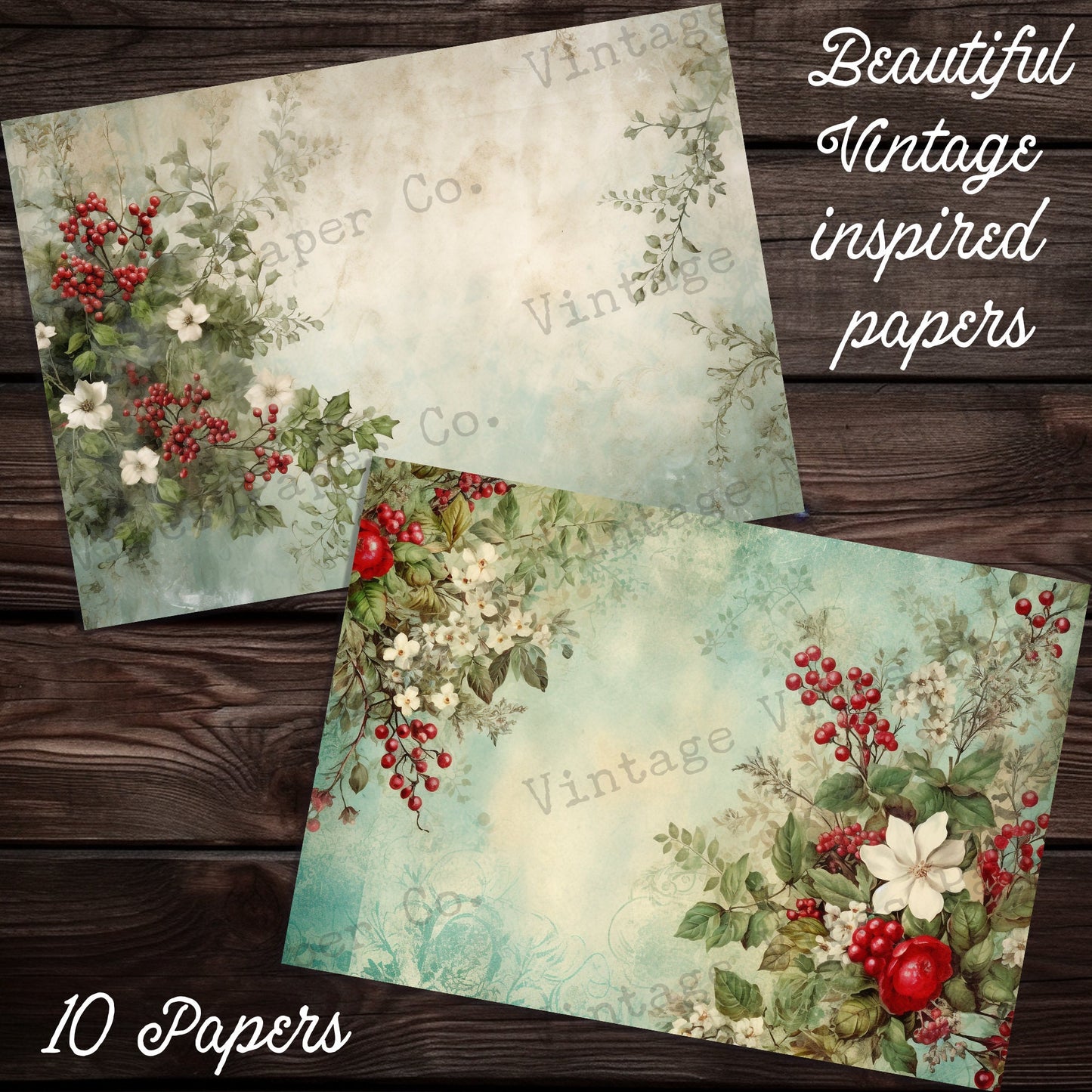 Christmas Junk journal papers Festive vintage berries, winter junk journal paper kit digital printable Christmas papers, red & green pages