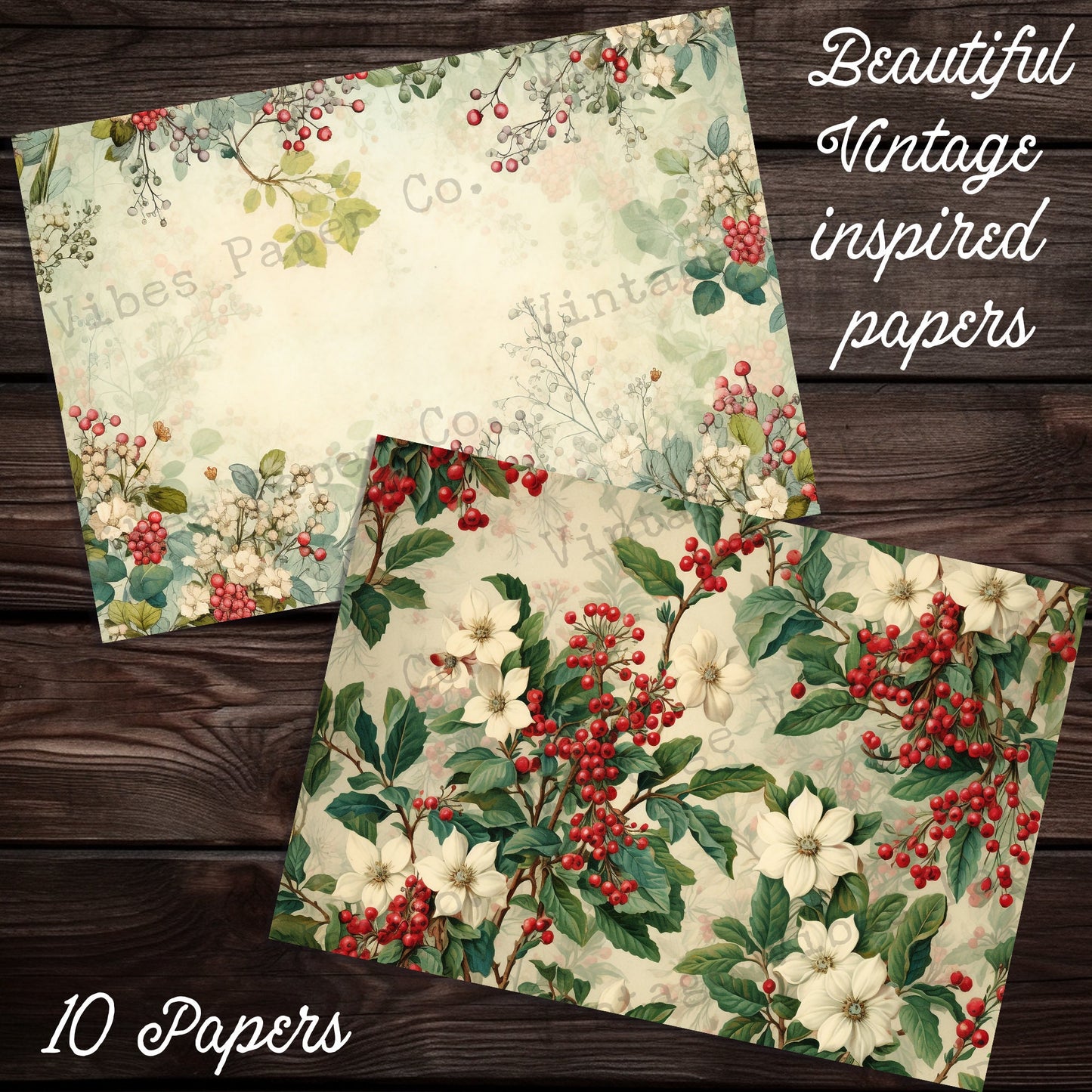 Christmas Junk journal papers Festive vintage berries, winter junk journal paper kit digital printable Christmas papers, red & green pages