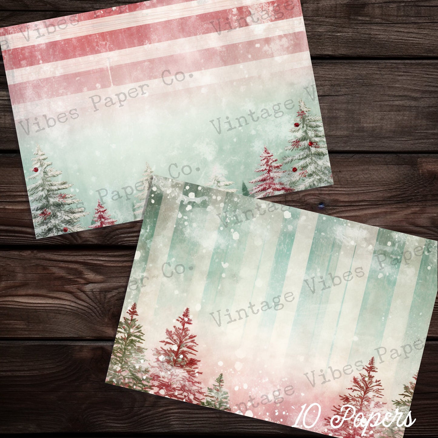 Christmas Junk journal papers Festive grunge pine trees, winter junk journal paper kit digital printable Christmas papers, red & green pages