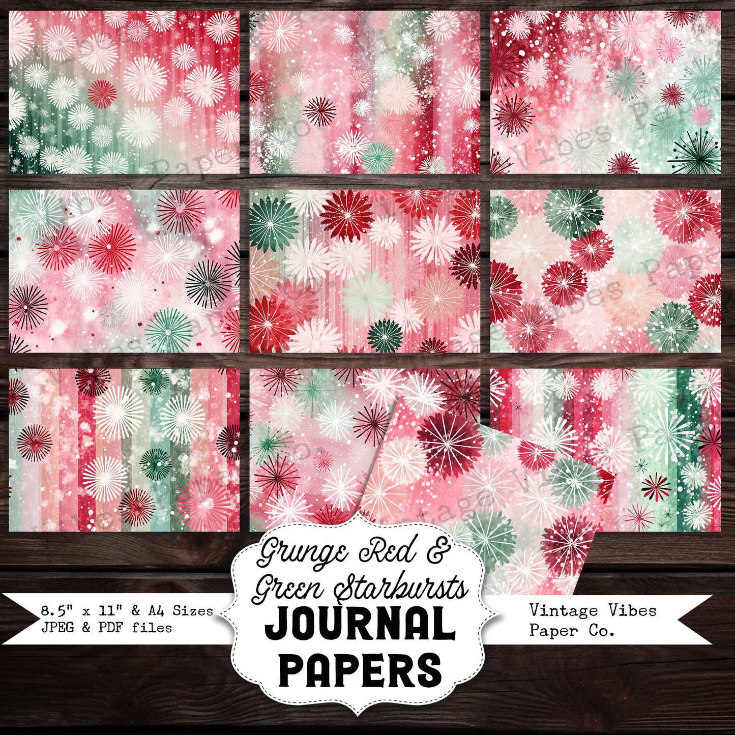 Christmas Junk journal papers grunge red & green starburst, winter junk journal paper kit digital printable Christmas grungy papers