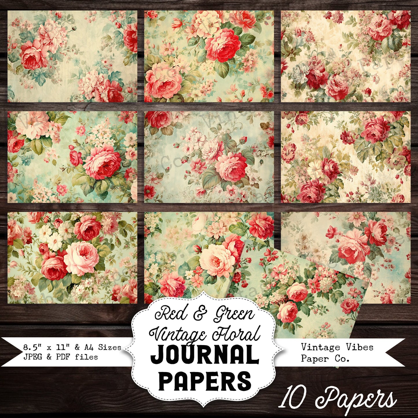 Red & Green Vintage Floral papers, Christmas flower papers for Junk journals, scrapbooking and card making, festive junk journal pages